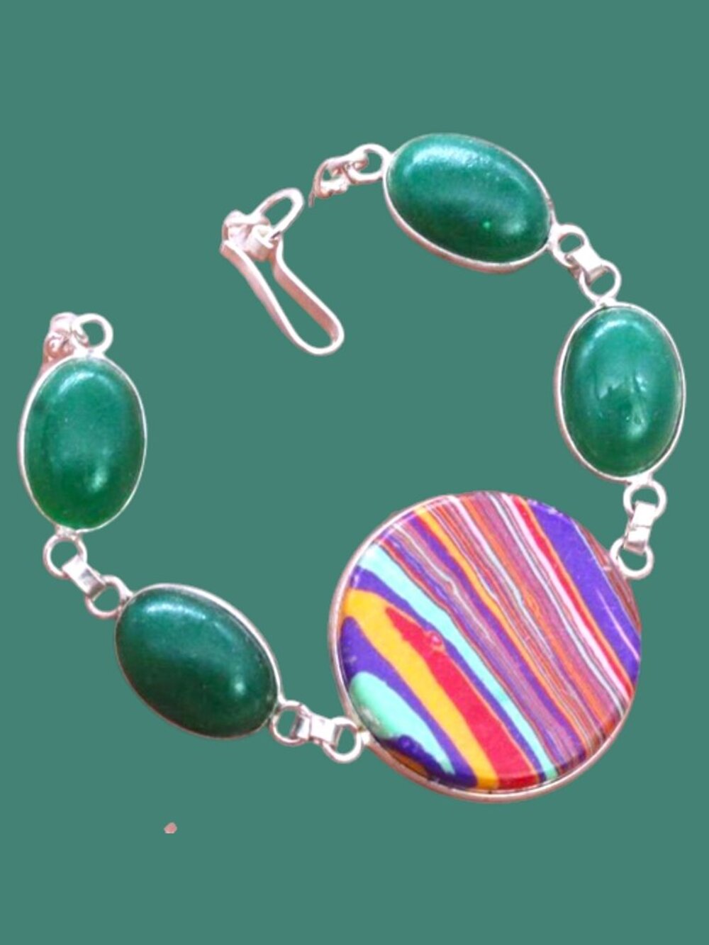 Yoline Calsilica Green Onyx 925 Silver Plated Handmade Bracelet of 7"